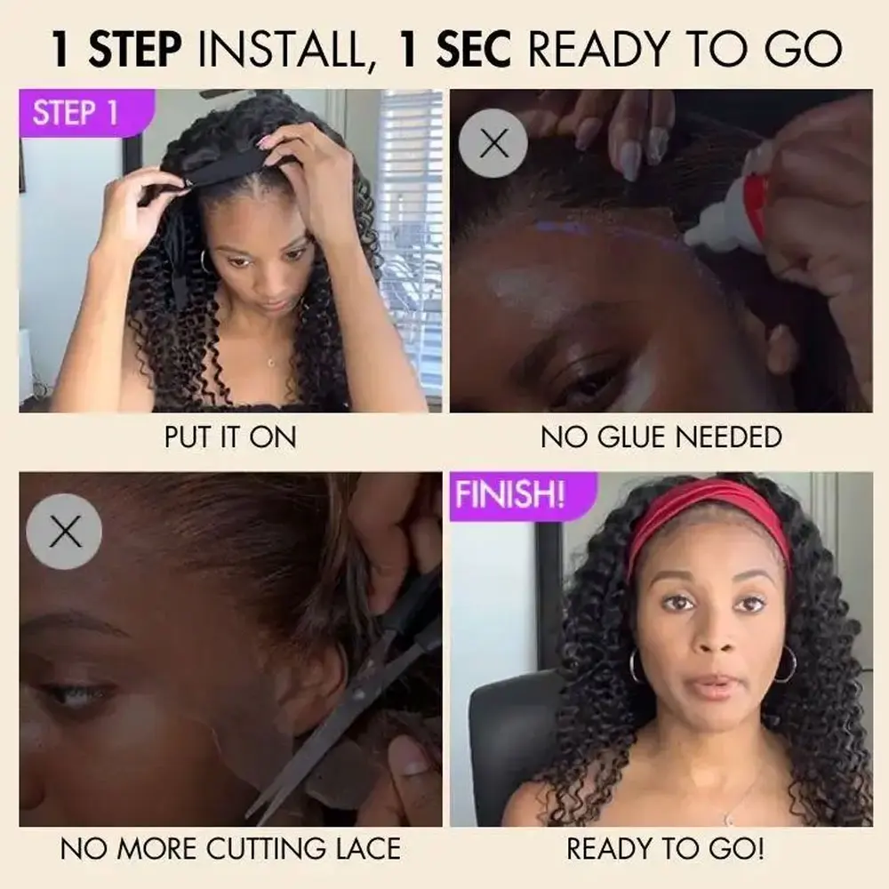 Headband Wigs Human Hair Deep Water Wave Human Hair Wigs 200% No Lace No Glue Machine Made Wig Beginner Friendly Curly Wigs