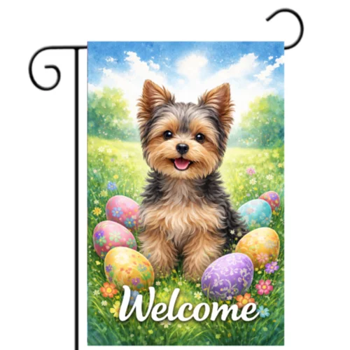 Yorkshire Terrier Welcome Garden Flag Yorkie Dog Easter Spring Yard Decor 12x18