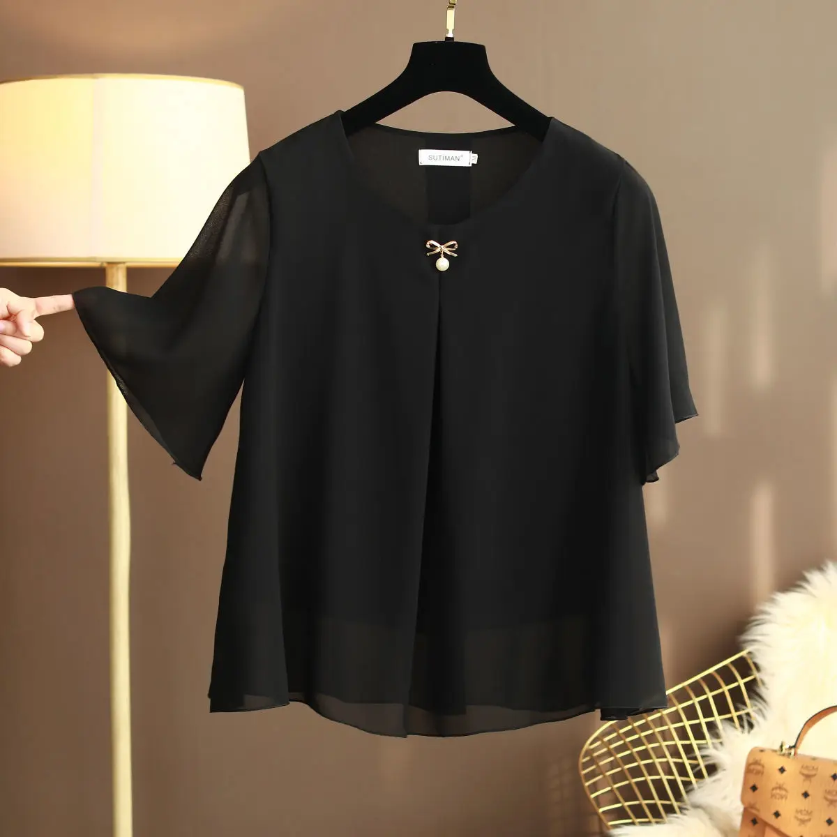 2024 New Summer Obesity Women Chiffon Blouses Oversized 6XL  Short Sleeve Loose Solid O-neck Shirts Tops  Blusa De Talla Grande