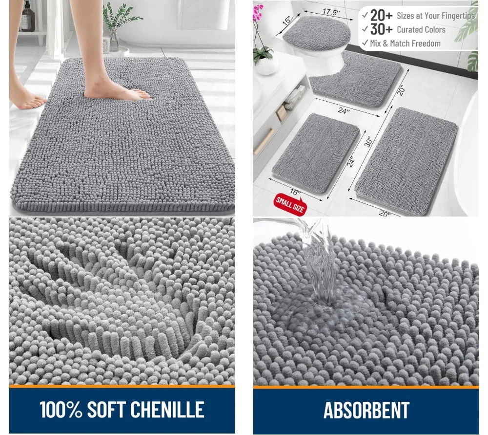 

Bathroom Rugs 30X20 Extra Soft Absorbent Chenille Bath Mat Non Slip Rubber Back Quick Dry Luxury Floor Rug for Home Bathroom