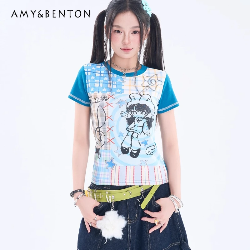 

New Hand-painted Cartoon Graffiti Women's Short-sleeved T-shirt American Retro Colorful Matching Slimming Y2k T-shirts Ladies