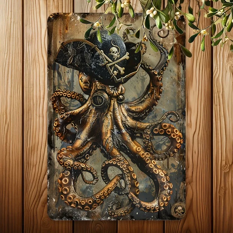 

Vintage Nautical Octopus Pirate Hat Aluminum Metal Sign, Wall Art for Home, Gym, Cafe, Garage, Restaurant, Indoor Decor