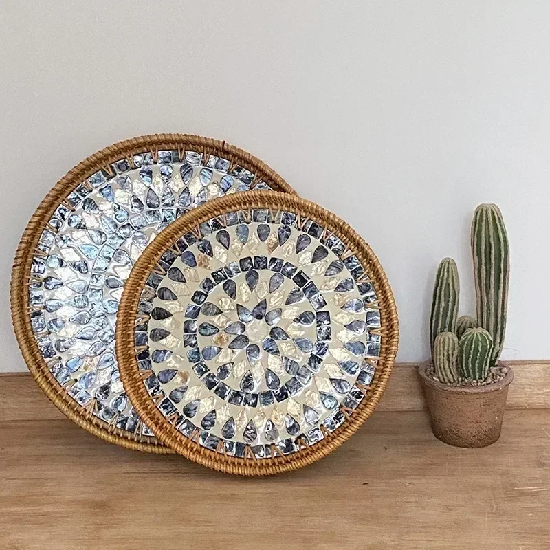 Korean Handmade Rattan Round Shell Tray Household Cake Bread Breakfast Basket Snacks Dried Fruit Plate Home Decoration Ornaments