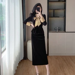 Office Ladies Velvet Two Piece Set New Autumn Winter Gold Lacu Up Bow Collar Ruffles Top + Split Velour Pencil Midi Skirt Suits