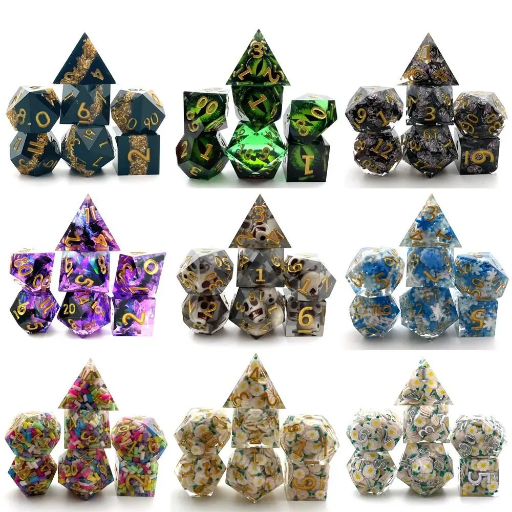 7Pcs Black Butterfly Decor Polyhedral Resin Dice Set Table Games Dices Accessory D6 D8 D10 D12 D20 For D&d DND