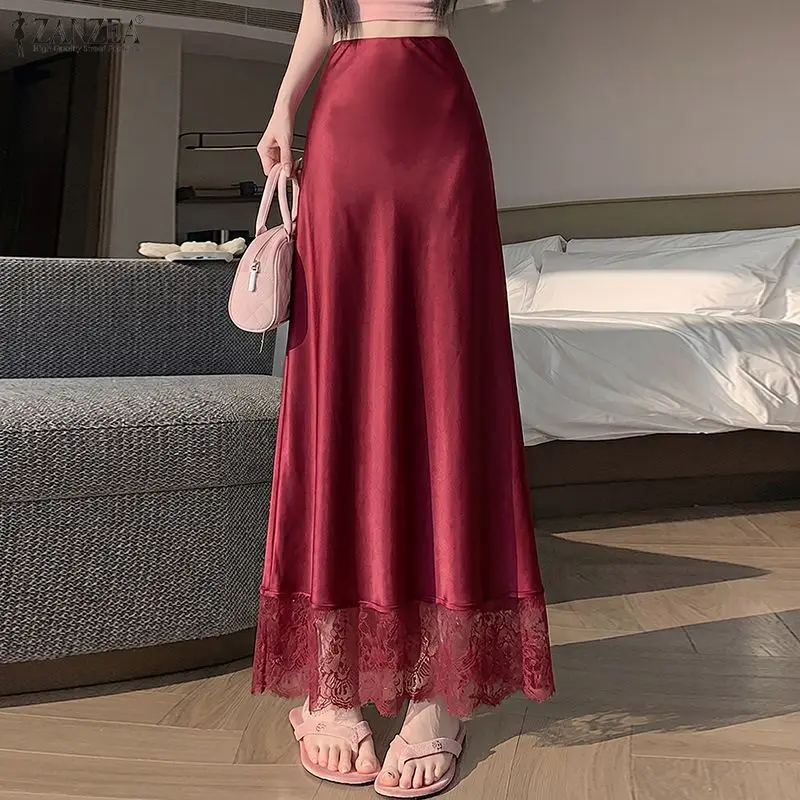 Stylish Party Overskirts ZANZEA Women Elegant Lace Patchwork Skirts Summer Solid Color Satin Faldas Saia A-line OL Work Jupe