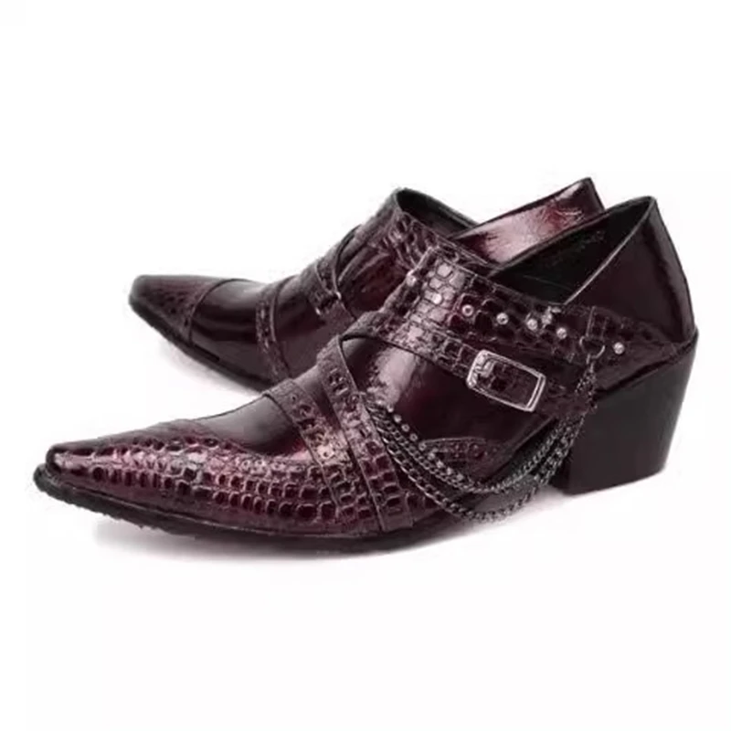 

Metal Chains Buckle Decor Men Oxford Shoes Pointed Toe Thick High Heels Punk Style Youth Men Slip On Casual Shoes