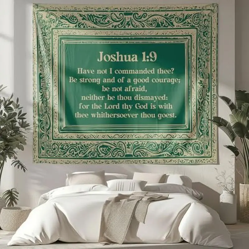VIKAMA Joshua 1 9 Green Vintage Border Bible Wall Tapestry Be Strong Courage Scripture Christian Religious Ornate Frame Bedroom