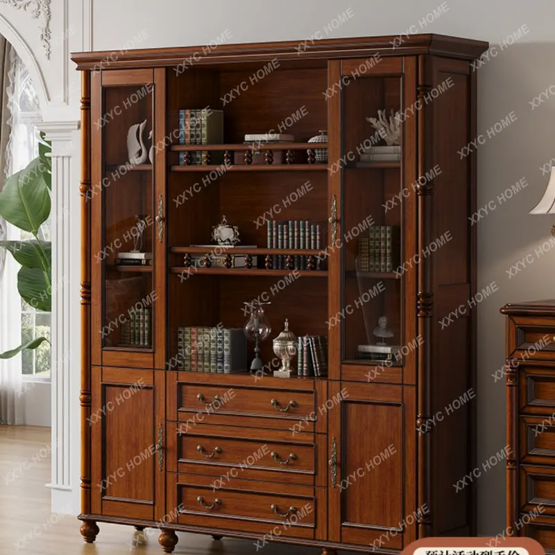 American-Style Solid Wood Bookcase with Glass Door Cabinet Household Locker Living Room Multifunctional Bookcase Wall Display