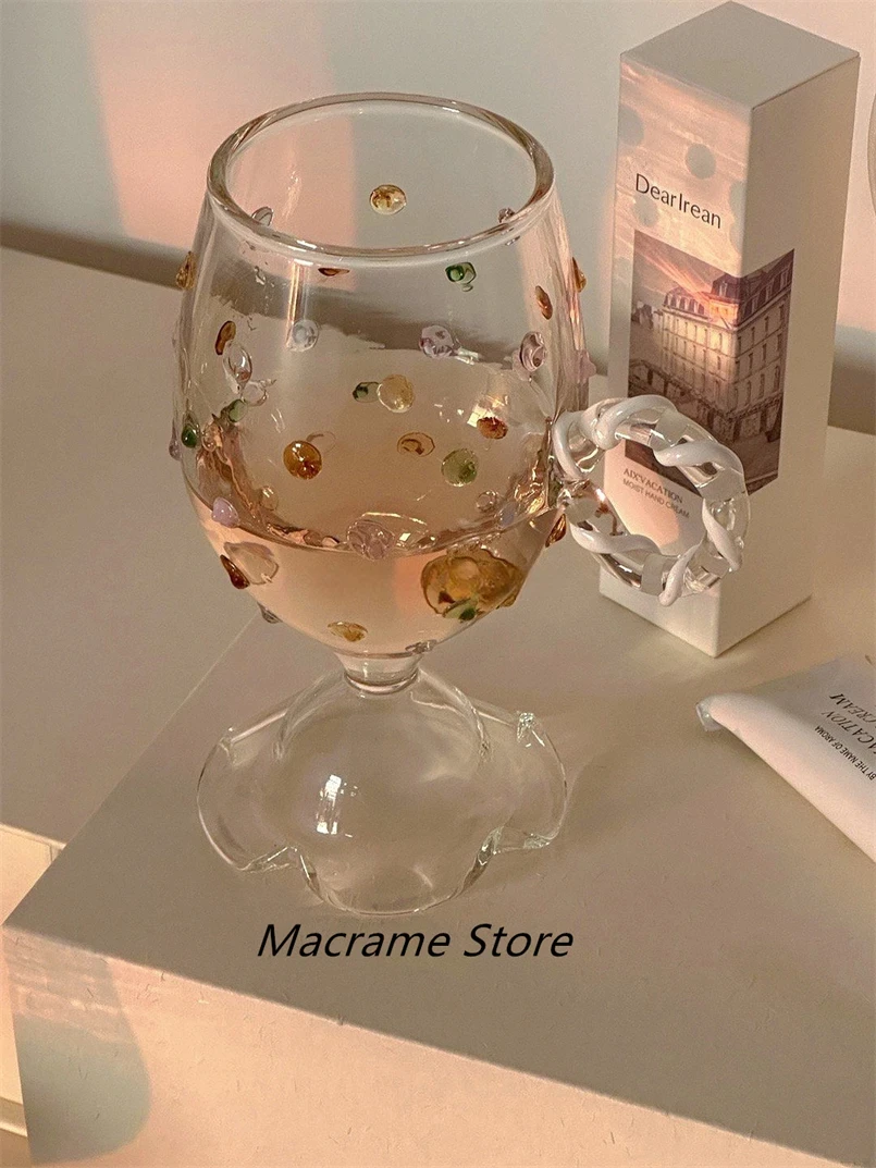 Cute ins Colored Gemstone Champagne Cup Creative Round Wave Dot High Foot Red Wine Glass Handmade brushed Glass Mug