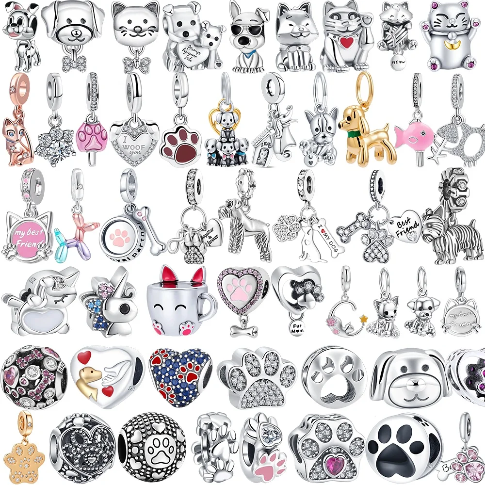 Original 925 Sterling Silver Charms Love Pets Dog Cat Paw Print Pendant Beads Fit Brand Bracelets Necklaces Women DIY Jewelry