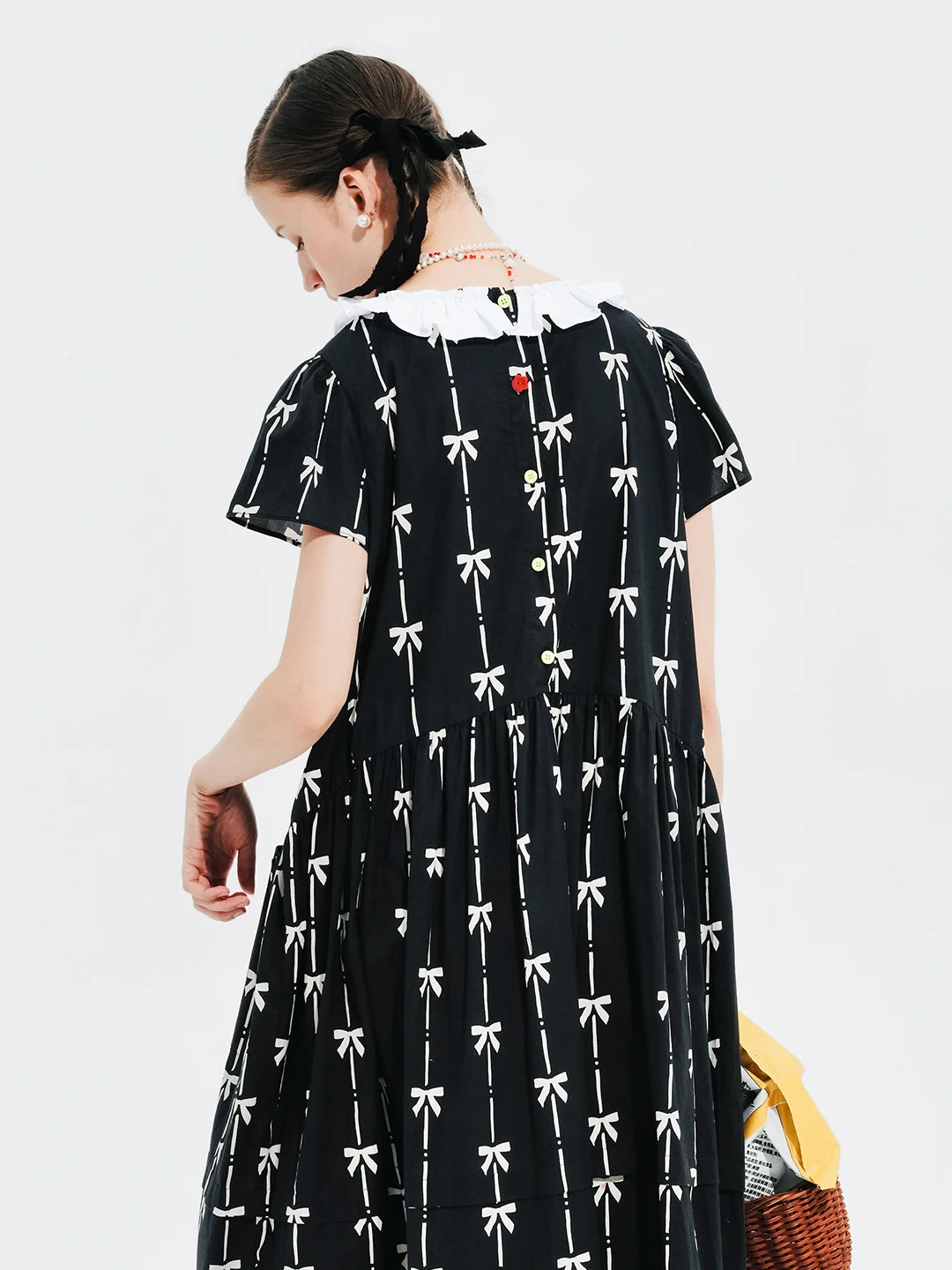 imakokoni 2024 summer new pure cotton printed bow lady style long dress 244665