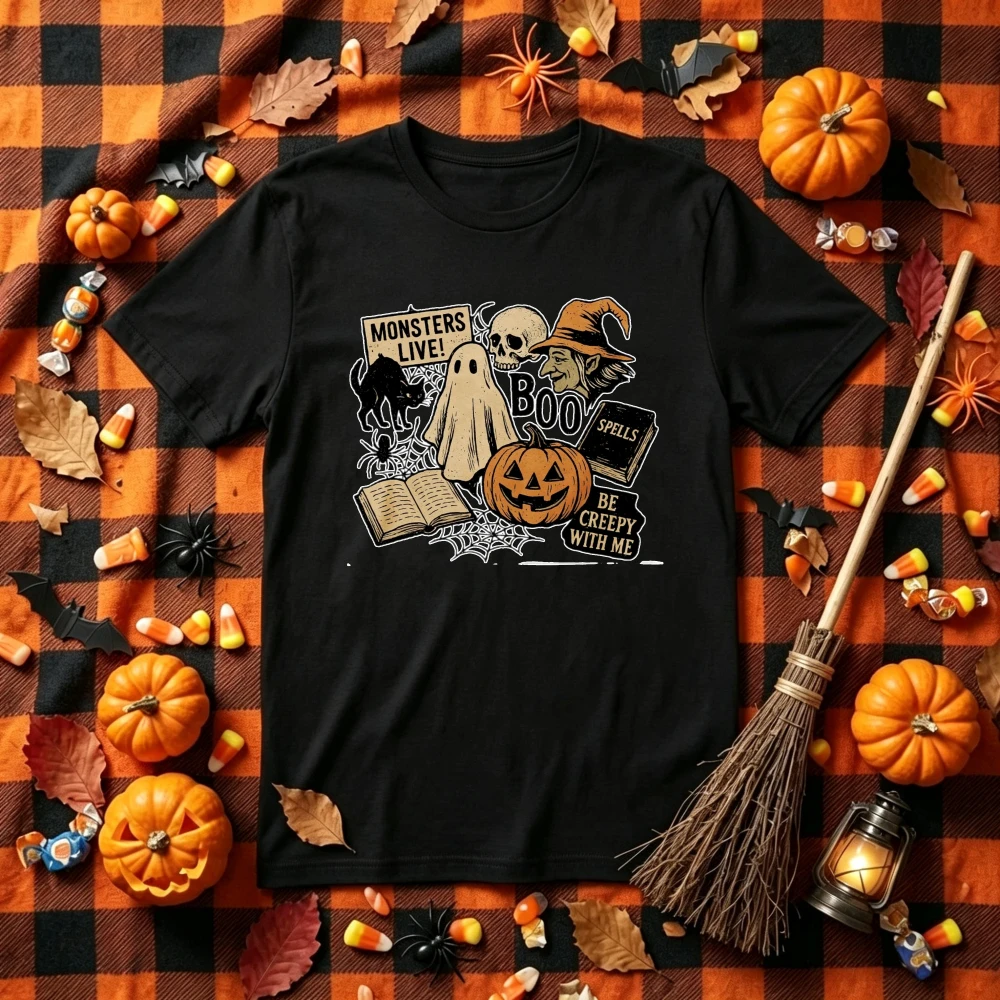 Halloween Retro Spooky Collage Graphic T‑Shirt Ghost Witch Skull Black Cat Pumpkin Spell Book Spider Web Spooky Casual Tops Tees