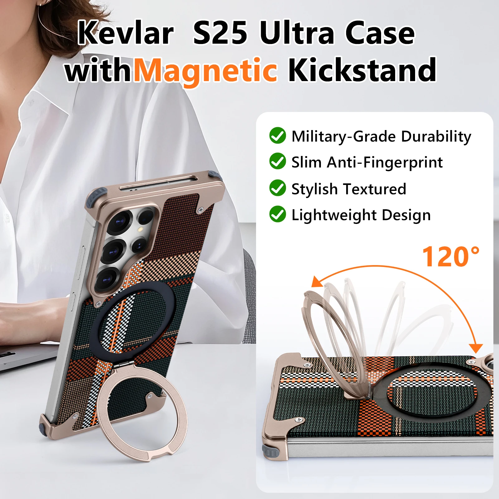 Etui na telefon Eary do Samsung Galaxy S25 S26 Ultra z podstawką, teksturą włókna węglowego, metalową ramką i ochroną przed wstrząsami. — zdjęcie produktu 4