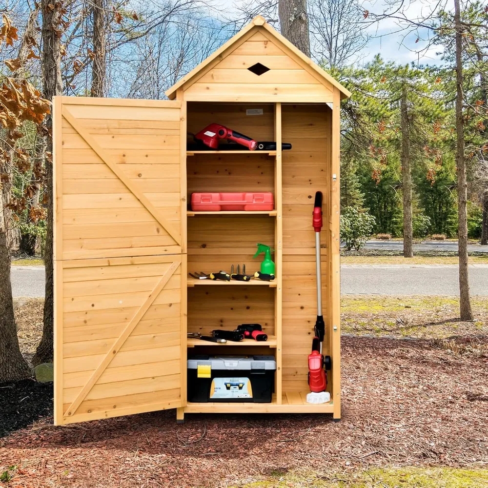 

Wooden Storage Shed, Outdoor Storage Cabinet with 4 Shelves and Pitched Galvanized Sheet Roof, Lockable Garden Shed, Outside To