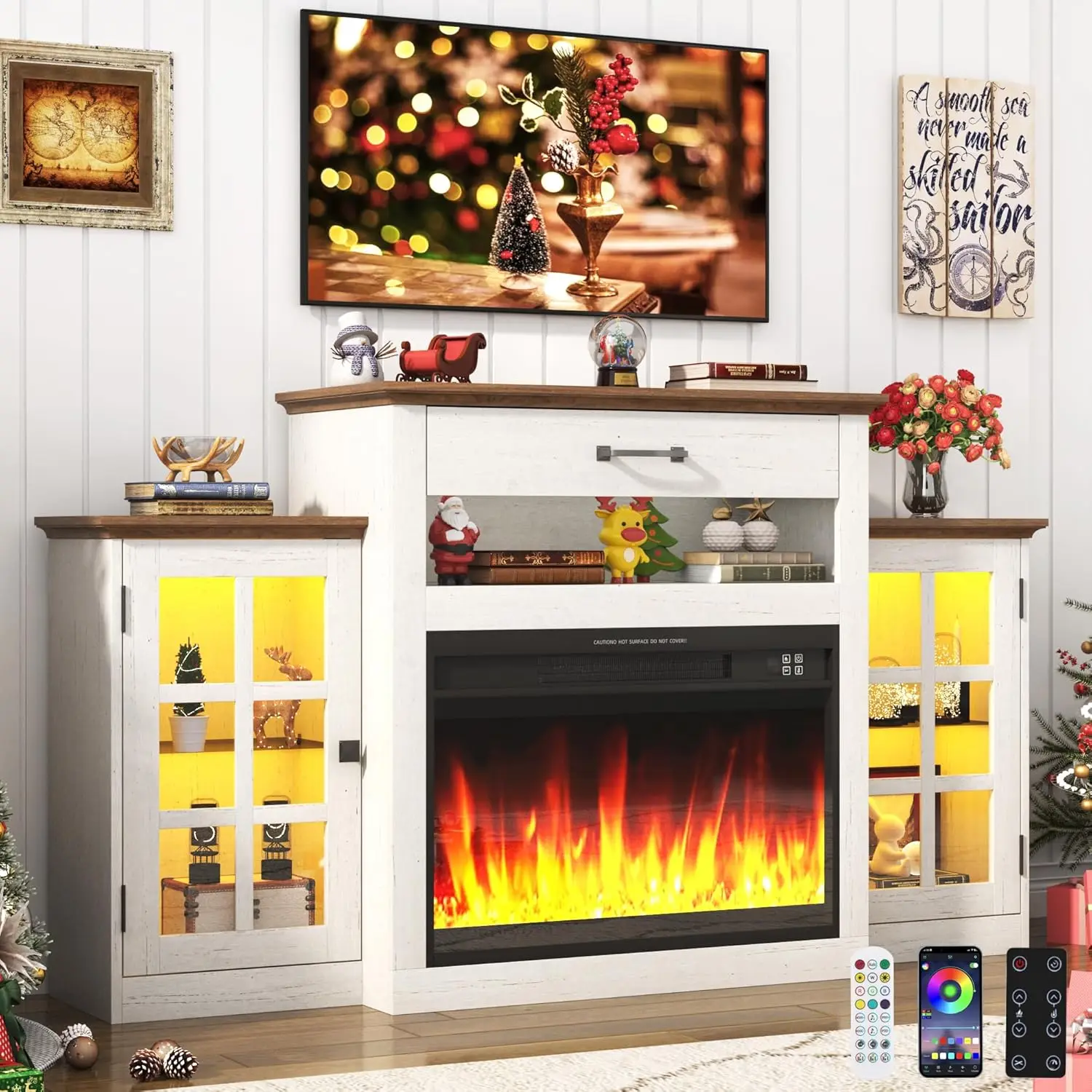 

60" Electric Fireplace with Mantel w/6000-Colors Lights,Fireplace TV Stand W/Remote Control for 60 70In TVs W/Heater for Living