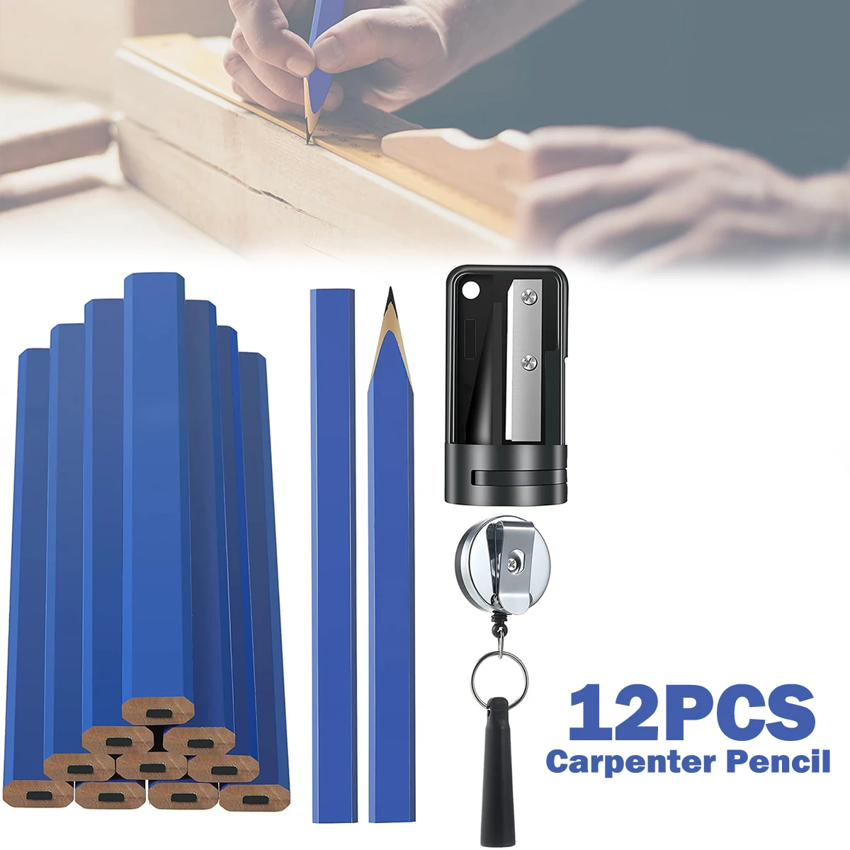 

14Pcs Carpenter Pencil Tool Set Wooden Flat Structure With Retractable Pencil Holder and Pencil Sharpener Architect Marking Tool