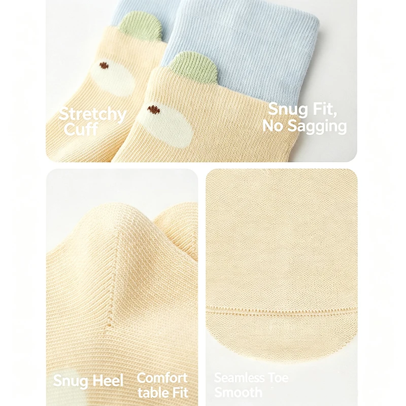 4 Pairs Cute Cartoon Newborn Socks Fold Double Cuff Soft Baby Socks Mid Calf Elastic Infant Child Socks for Boys Girls
