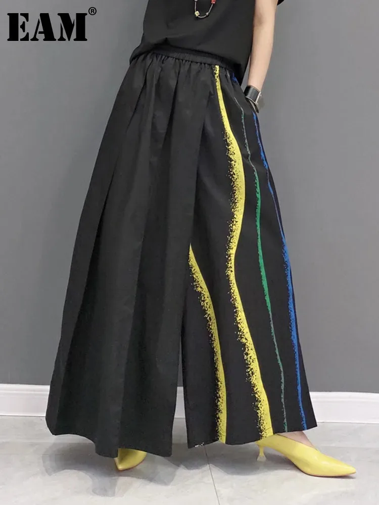 [EAM] pantalones de pierna ancha con bloques de Color a rayas negras para mujer, cintura alta elástica, nuevos pantalones sueltos, moda Primavera