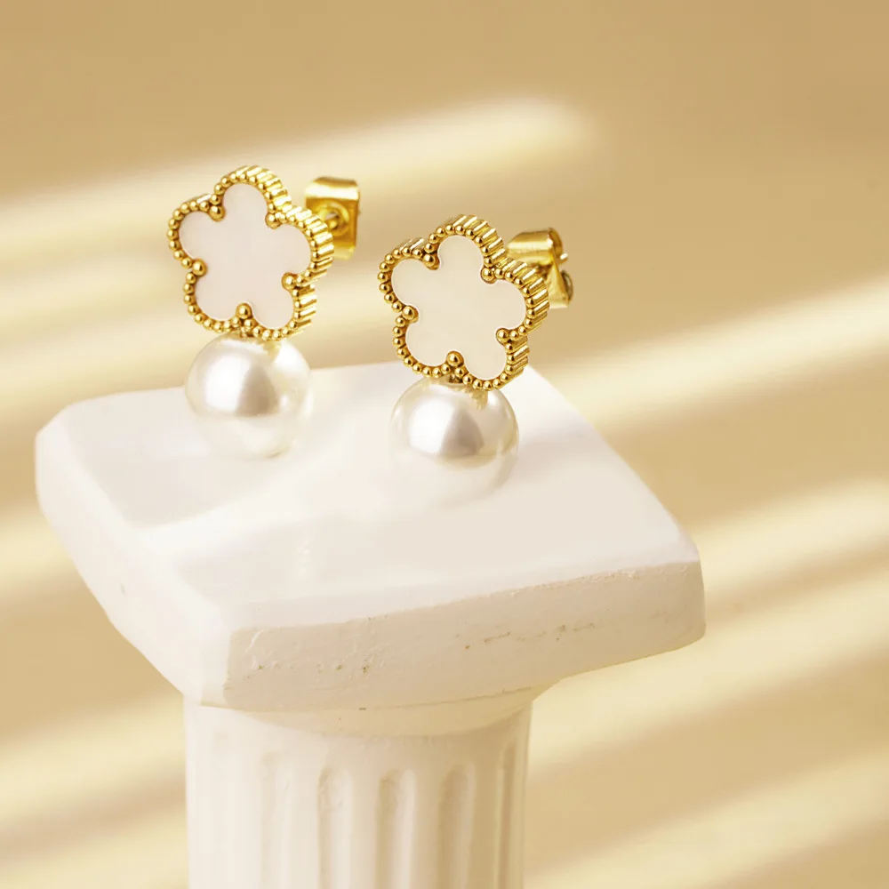 Five Leaf Clover Spliced Pearl Fashion Women Flower Inlaid Shell Drop Dangle Earrings Jewelry Gift