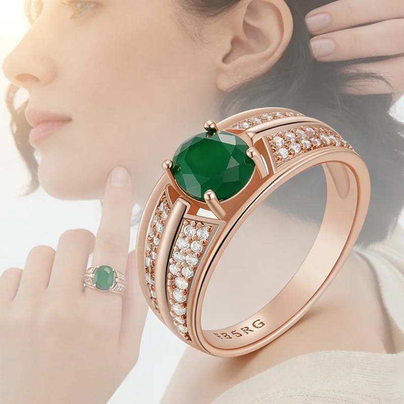 Anillo grande Kinel de piedra verde caliente para mujer tendencia 585 Color oro rosa con accesorios de circón Natural joyería Vintage fina diaria