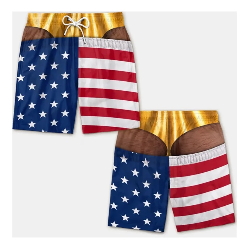 Men's 3D National Flag Pattern Cut out Beach Shorts Summer Swim Trunks Funny Gay Pride Thong Bikini Hawaii Pool Party Broad Wear