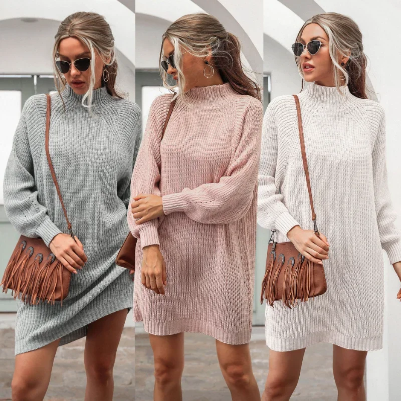 

Fashion Women Oversize Turtleneck Knitted Sweaters Autumn Winter Long Sleeve Pullover Jumpers Warm Sweater Dresses Robe Vestidos