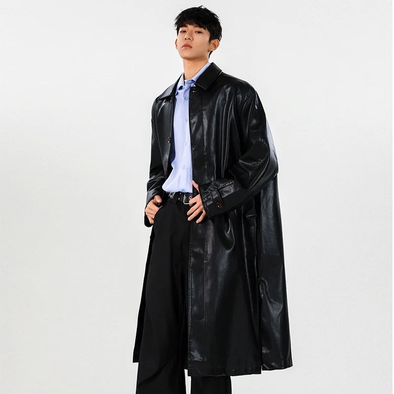 Mens PU Trench Coat 2025 Autumn Winter Windproof Long Outerwear Jacket Fashionable Trendy Leather Coat For Men
