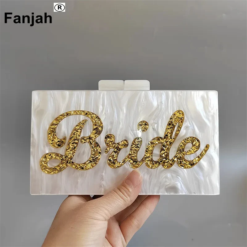 Pearl White Gold Glitter Name Letter Bride Women Acrylic Clear Purse Cute Transparent Crossbody Bag Lucite See Through Handbags