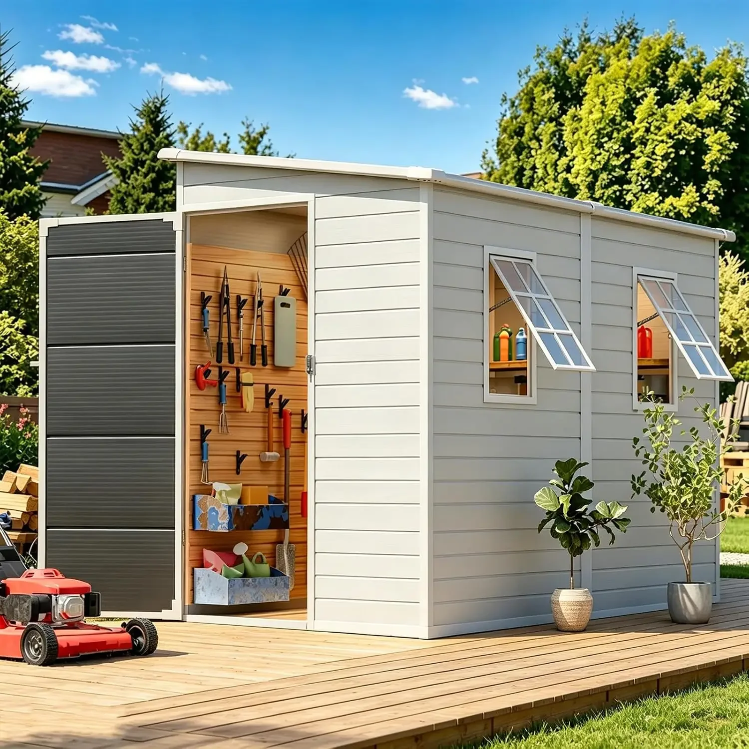 8x4 FT Resin Outdoor Shed with Floor, Outside Plastic Tool Shed with Windows & Lockable Doors, All-Weather Garden, Customized