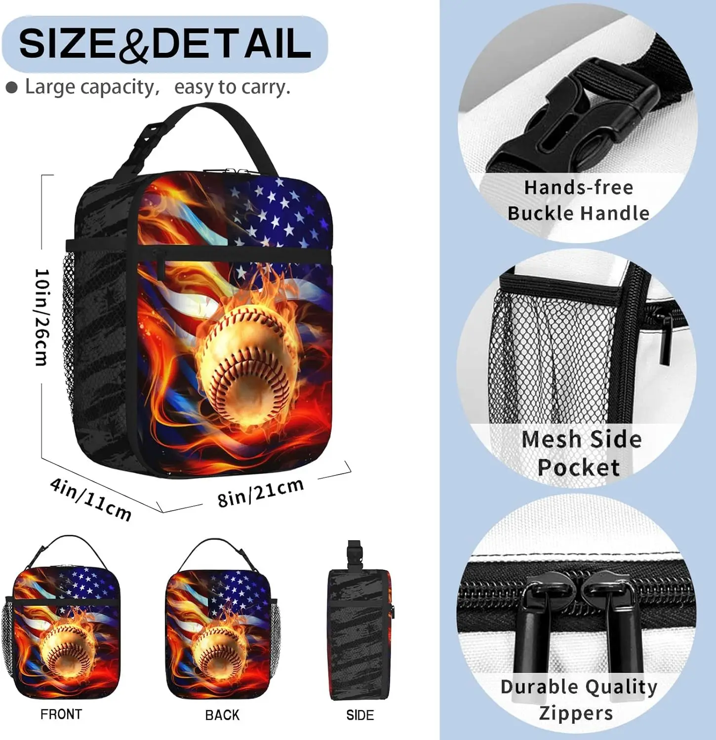 Baseball American Flag Insulated Lunch Bag Baseball Sport lunch Box Lu nch Tote Cooler Reusable Lun ch Pail Adjustable Shoulder