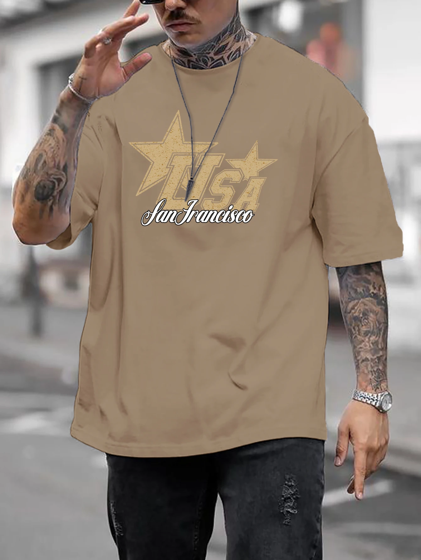Men Oversized T Shirt USA San Francisco Star Chest Print Crew Neck Short Sleeve Vintage Street Loose Casual Tee