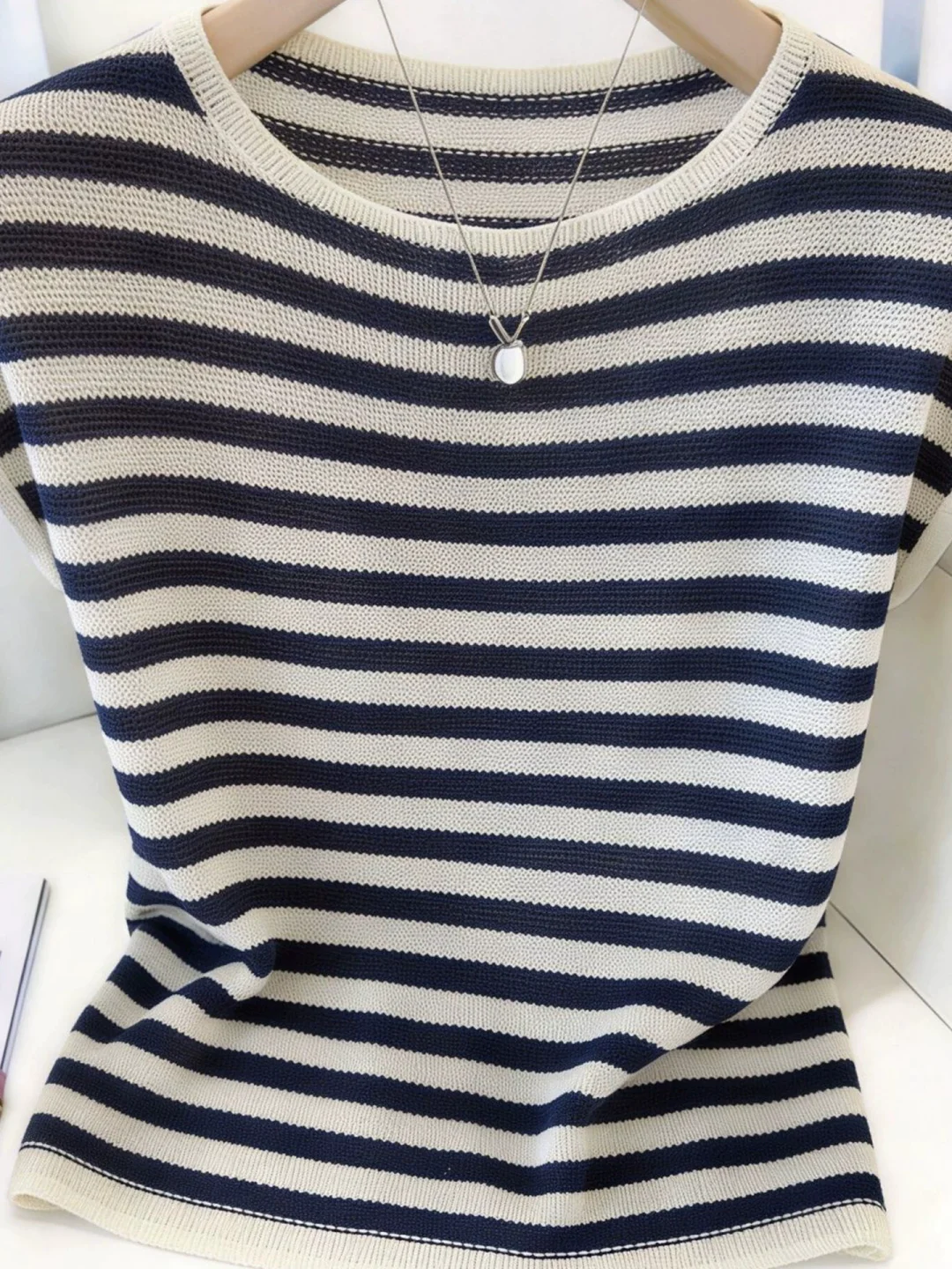 Elegant Stripe Knit Top Short Sleeve Women's Summer Thin Large Size Slimming Fashionable Small Flying Sleeve Shirt