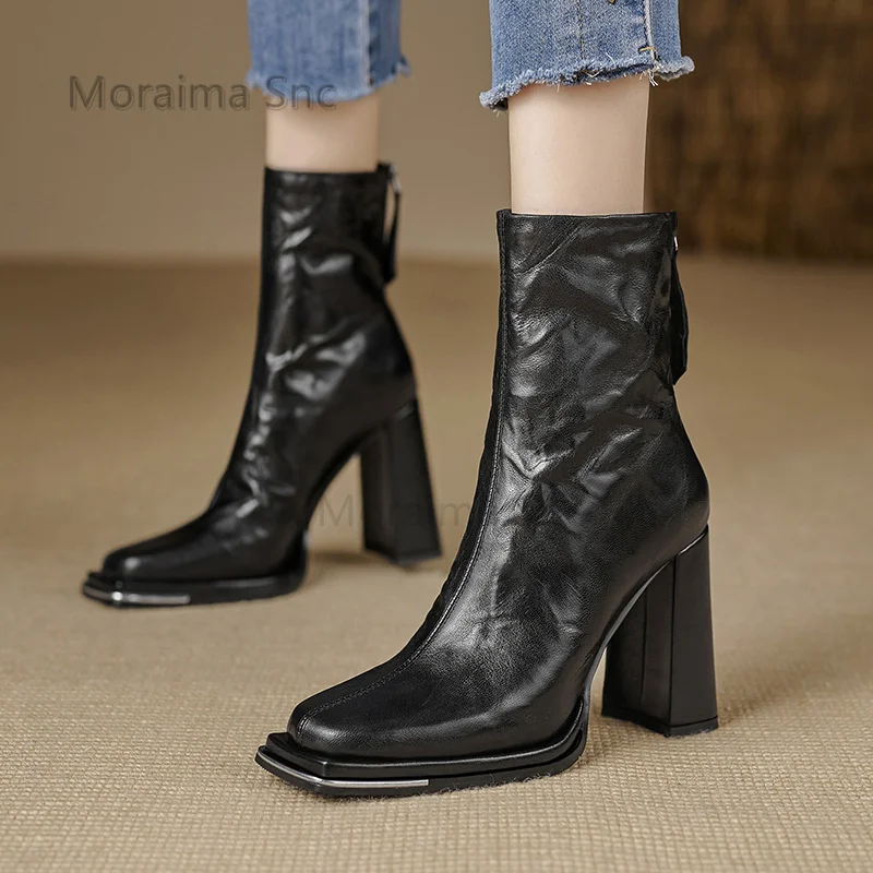 

Square Toe Chunky Heels Ankle Boots Women's Retro British Style Back Zipper High Heels Boots Sheepskin Autumn Winter Shoes