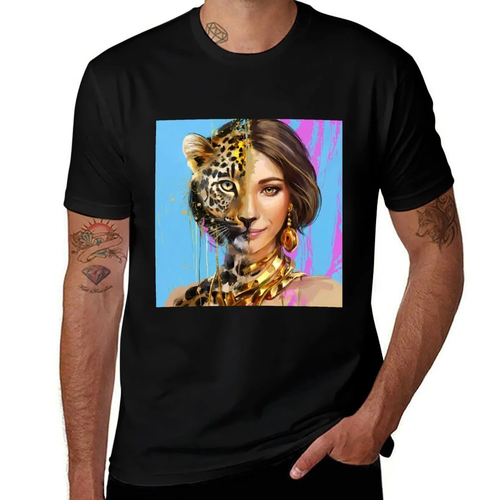 La dualidad enigmática de una mujer belleza con ferocidad de leopardo Camiseta camisetas gráficas de rapero camisas de diseñador ropa de diseñador para hombre
