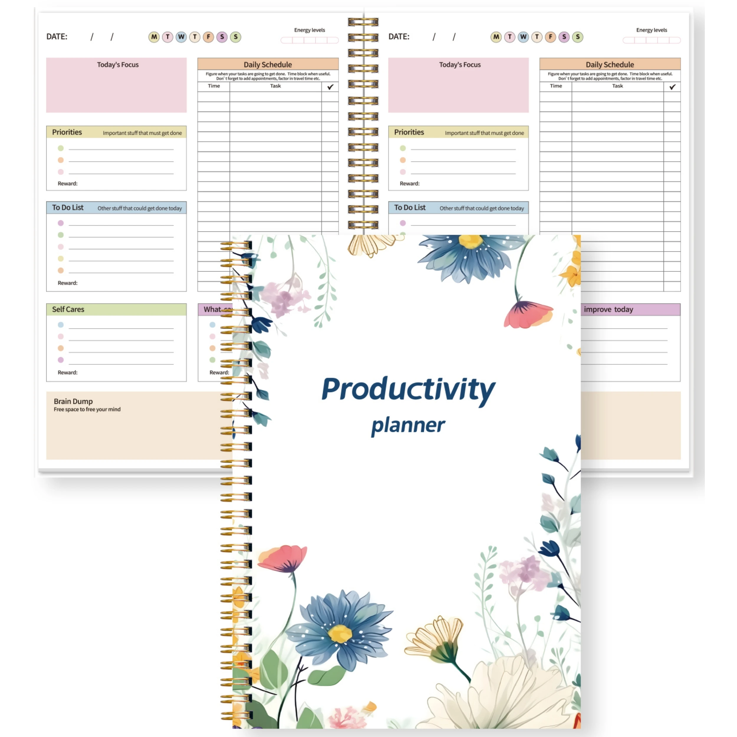 Meal Plan Notepad - สมุดวางแผนการทำงานแบบสันห่วงลายดอกไม้ พร้อมช่องจดบันทึกความสำคัญ ลำดับความสำคัญ รายการสิ่งที่ต้องทำ การดูแลตนเอง และ
