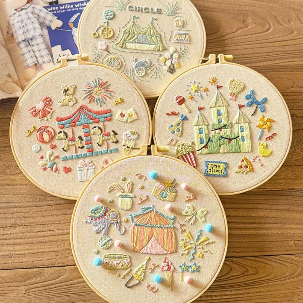 DIY Embroidery Kit with 20cm Plastic Frame Hoop Amusement Park Patteren Printed Cross Stitch Needlework Set Craft Kit Sewing Art