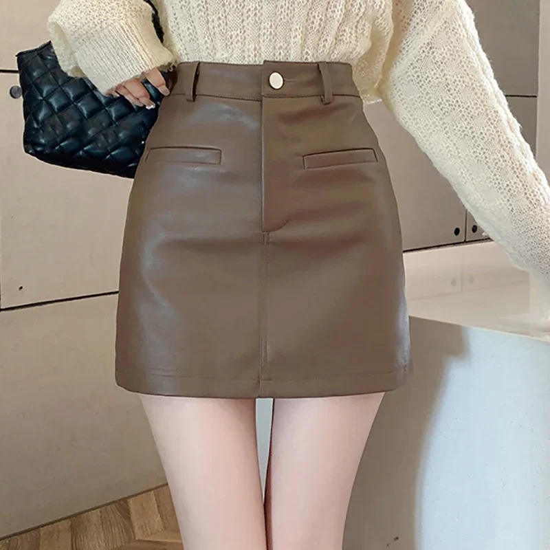 Abrini Women Zipper PU Skirts Office A-line Skirts Casual Solid Button Pockets High Waist Mini Skirts Party Spring Summer