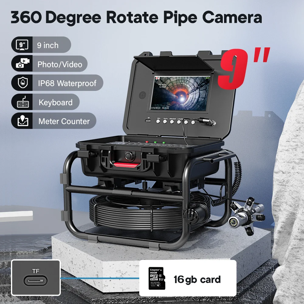 360 Degree Rotating Sewer Pipe Inspection Camera 20M Cable 9Inch IPS 1080P Screen 512HZ Transmitter Meter Counter Night Vision