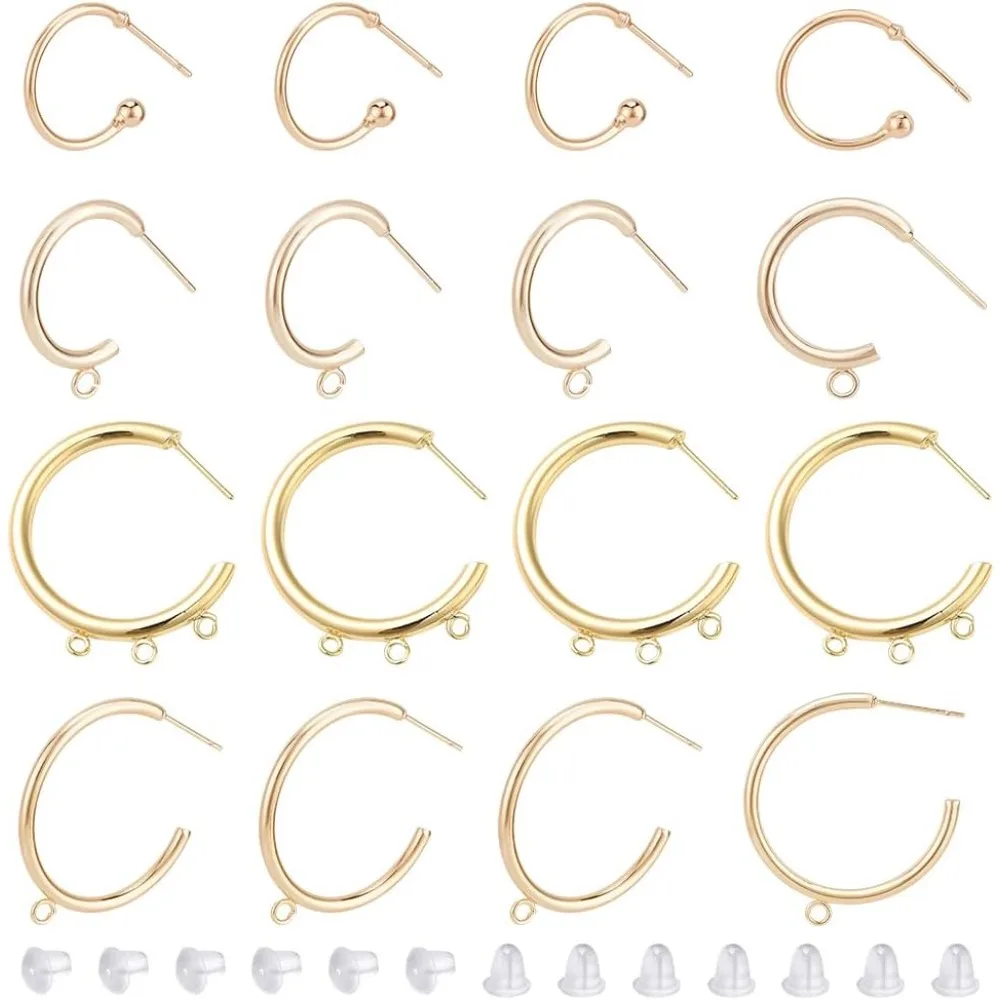 

16Pcs 4 Styles Real Half Hoop Stud Earring Brass Earring Findings with Loops and 50Pcs Plastic Ear Nuts for Earring Jewelry