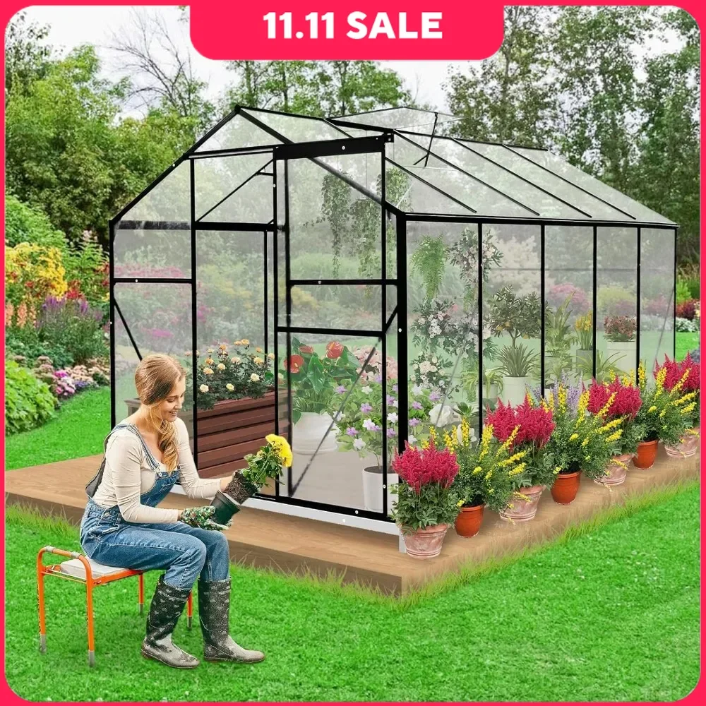 

6X 6FT Garden Greenhouses, Heavy Duty Greenhouse with Door & Adjustable Roof Vent, Outdoor Aluminum Walk-in Greenhouses