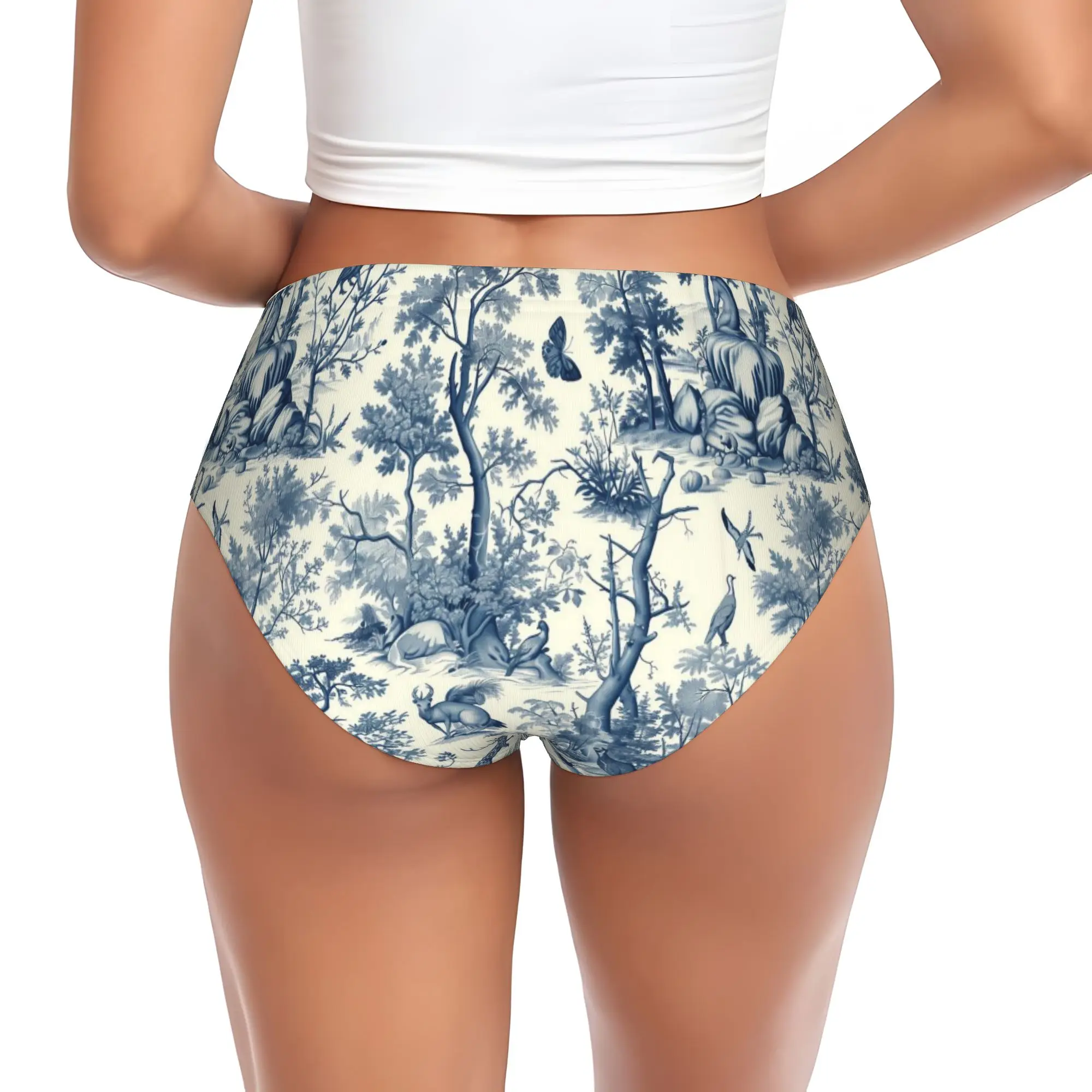 Custom Womens Toile De Jouy  Blue Ink Panties Breathable Jouy Pattern Trees Deer Butterfly  Briefs Underwear