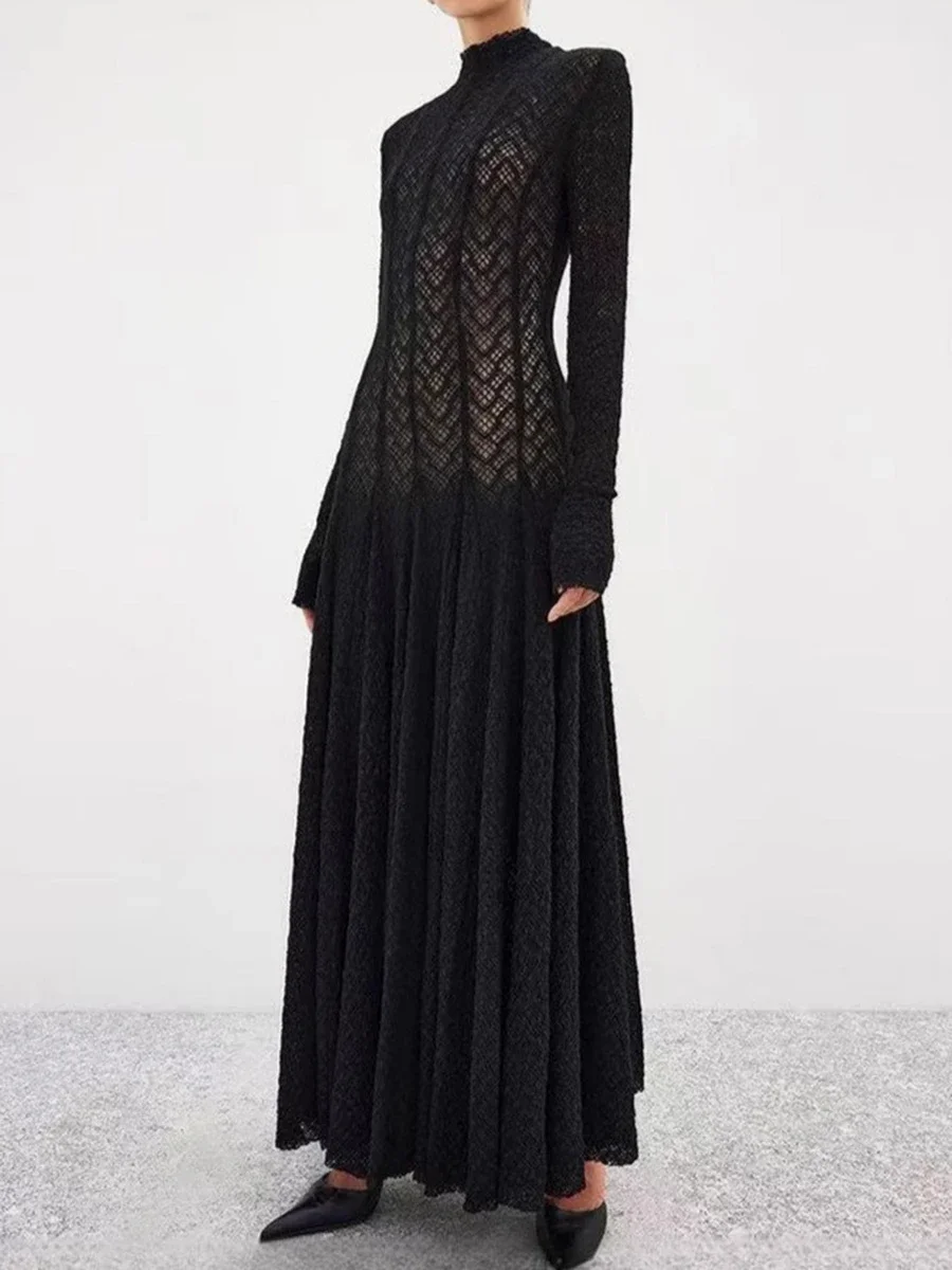 

Hollow Out Mesh Long Dress for Women Stand Collar Slimming Long Sleeve High Waist Chic Pleated Dresses Female 2025 New