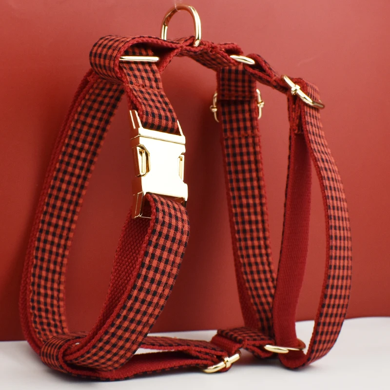 New Arrival Customized Designer Logo Gray lattice on Soft Cotton Dog Collar Leashes Harness Poo Bag Holder Bow Set Grid04