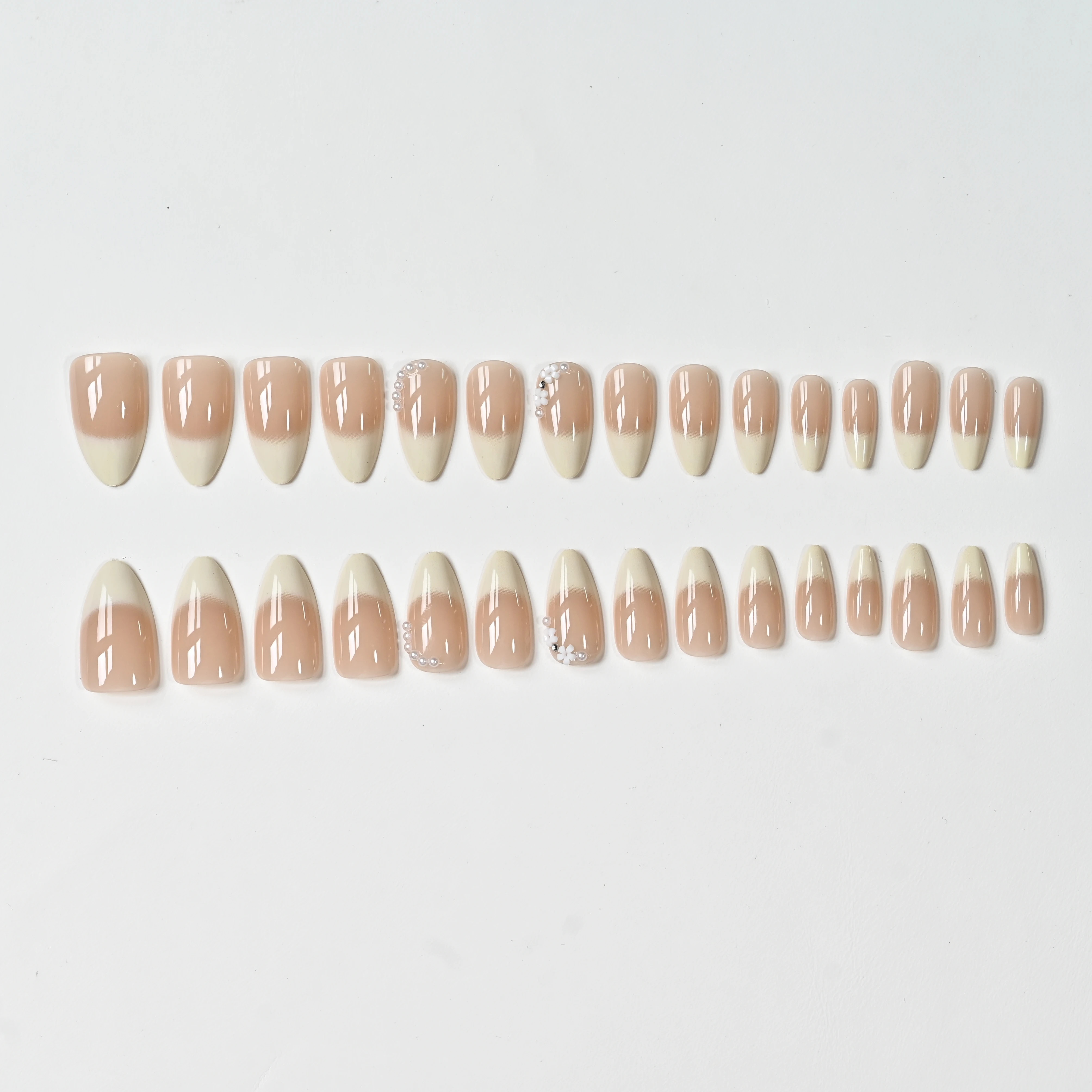 120 Stück glänzende braun-rosa-nude Ombre French Press-On Nägel, mittlere Größe, Mandelform, Perlen, Schleife, Blumen, künstliche Nägel, vollständige Abdeckung, D&3 – Detail 5