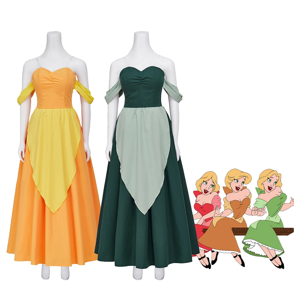 

The Bimbettes Cosplay Costume Laurette Paulette Princess Green Yellow Adult Women Halloween Party Dress The Beauty Disguise Gown