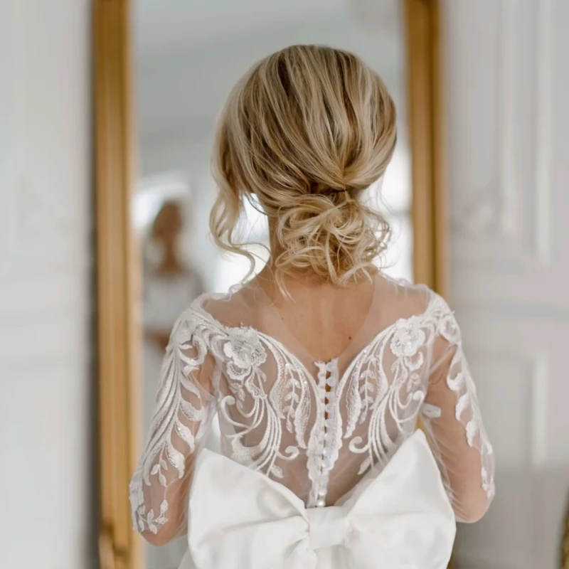 Robes de demoiselle d'honneur blanches en satin, appliques à motifs blancs avec nœud, manches longues pour mariage, fête d'anniversaire, première communion, quoi que ce soit