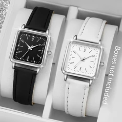 2PCS/Set Women's Fashion Watch Simple Square Dial Leather Watch