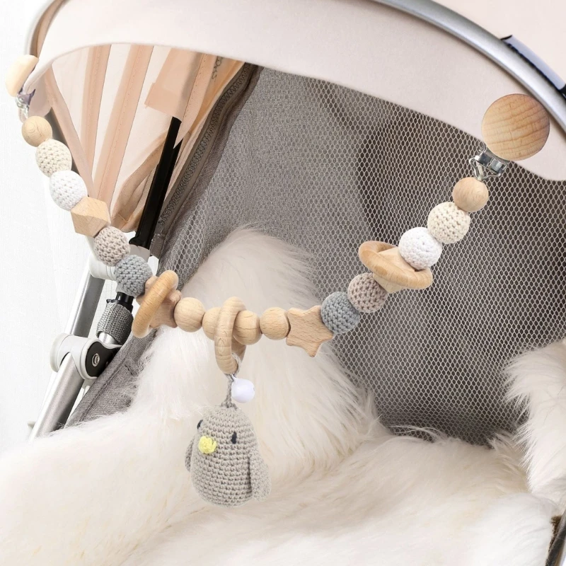 Wood Teether Baby Bed Hanging Rattles Toy  Bird Rabbit Shape Crochet Beads Bracelet Pram Clip Baby Rattle