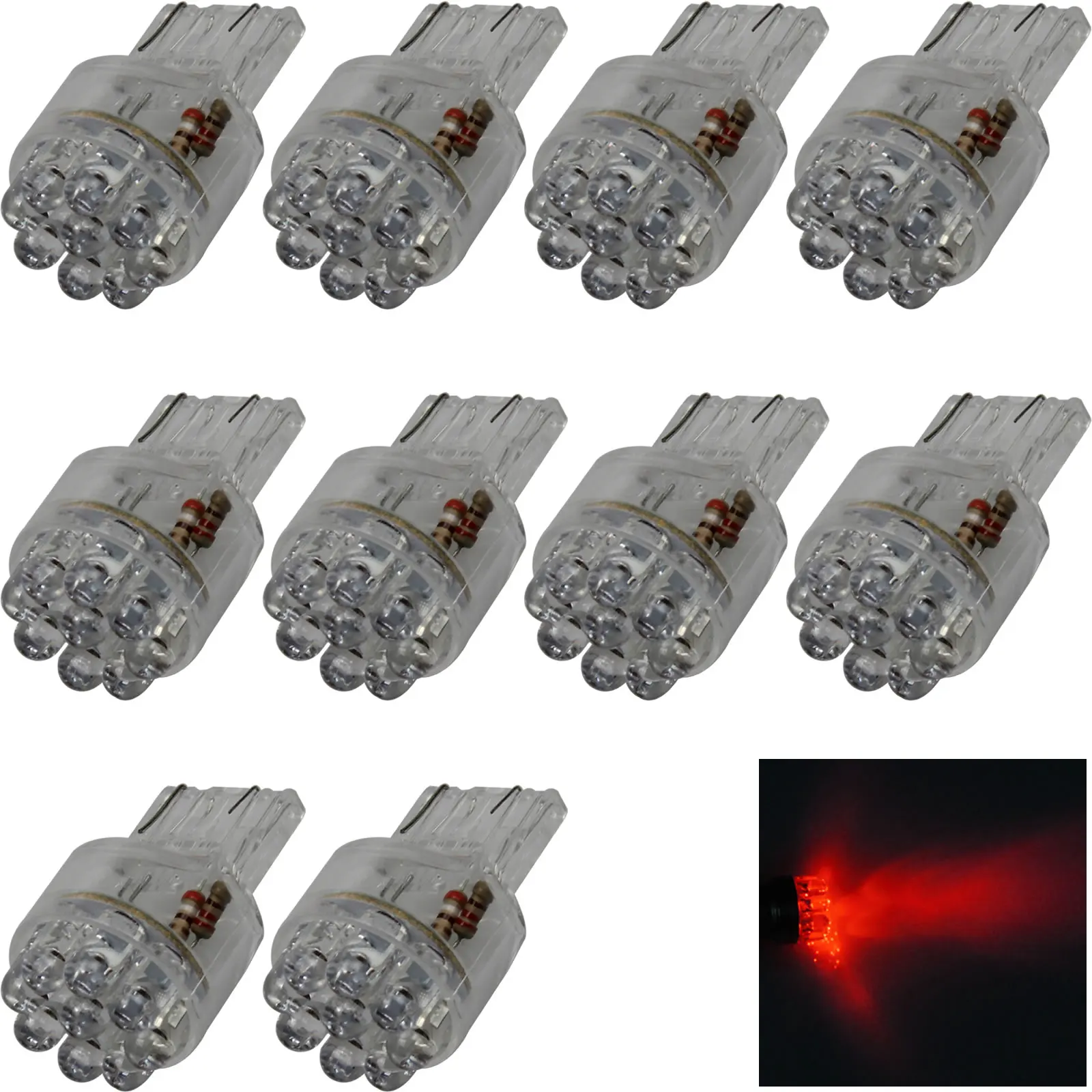 10x Red AUTO 7443 Brake Lamp Reversing Light 9 Emitters In-line LED T20 W3X16Q G008-R